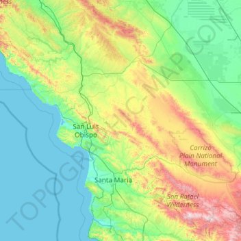 San Luis Obispo County topographic map, elevation, terrain