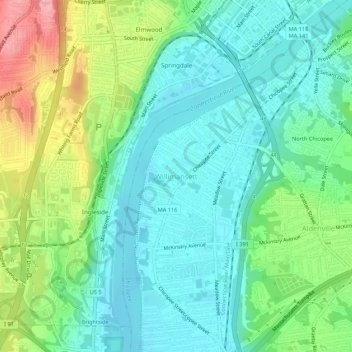 Willimansett topographic map, elevation, terrain