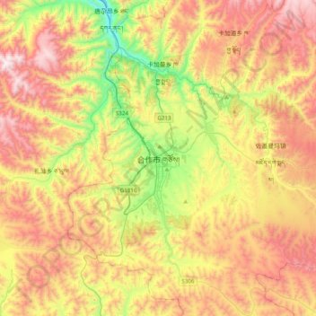 Hezuo topographic map, elevation, terrain