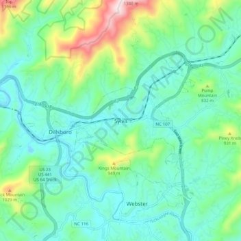 Sylva topographic map, elevation, terrain