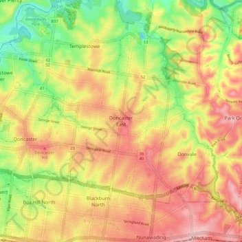 Doncaster East topographic map, elevation, terrain