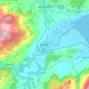 Beauly topographic map, elevation, terrain
