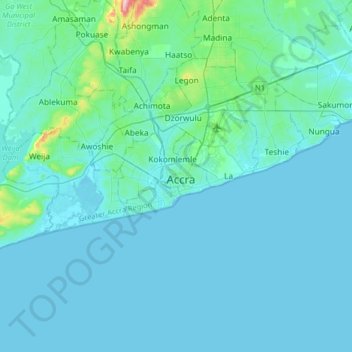 Accra topographic map, elevation, terrain