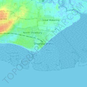 Shoeburyness topographic map, elevation, terrain