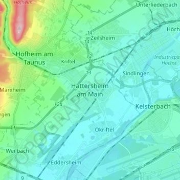 Hattersheim topographic map, elevation, terrain