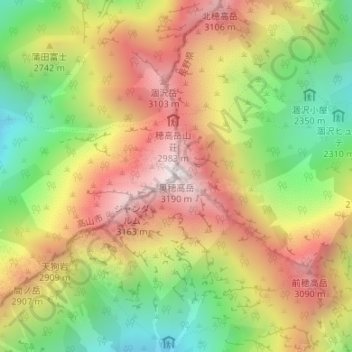 奥穂高岳 topographic map, elevation, terrain
