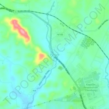 Pedas topographic map, elevation, terrain