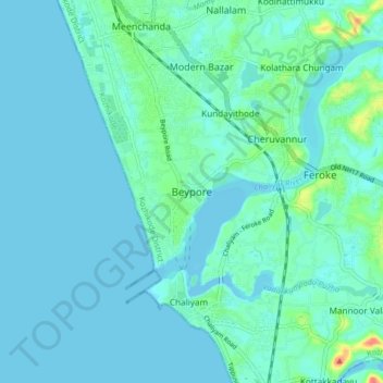 Beypore topographic map, elevation, terrain