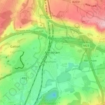 Merstham topographic map, elevation, terrain