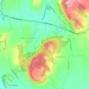 Bickerton Hill topographic map, elevation, terrain