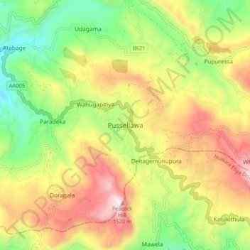 Pussellawa topographic map, elevation, terrain