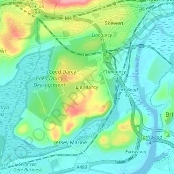 Llandarcy topographic map, elevation, terrain