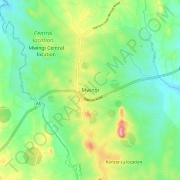 Mwingi topographic map, elevation, terrain