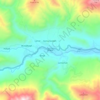 Dras topographic map, elevation, terrain