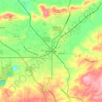 Sylacauga topographic map, elevation, terrain
