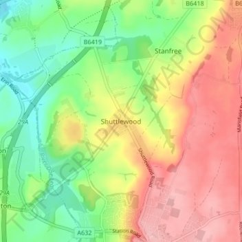 Shuttlewood topographic map, elevation, terrain