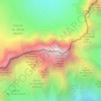 Grandes Jorasses/ Pointe Whymper topographic map, elevation, terrain