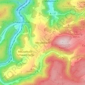Meuselbach topographic map, elevation, terrain