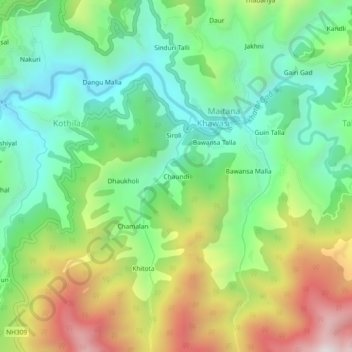 Chaundi topographic map, elevation, terrain