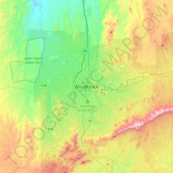 Windhoek topographic map, elevation, terrain