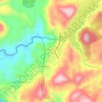 Sholayar Dam City topographic map, elevation, terrain