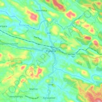 Punalur topographic map, elevation, terrain