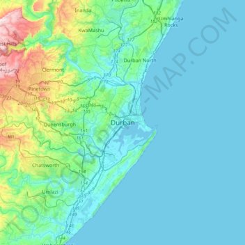 Durban topographic map, elevation, terrain