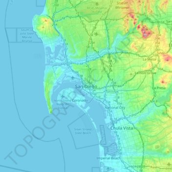 San Diego topographic map, elevation, terrain