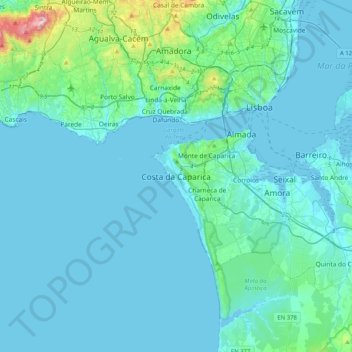 Costa da Caparica topographic map, elevation, terrain