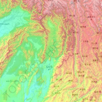 Kachin topographic map, elevation, terrain
