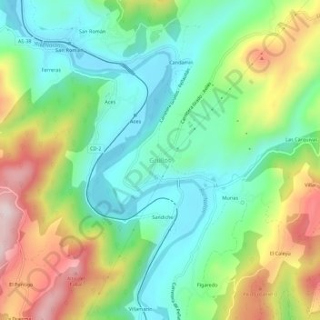 Grullos topographic map, elevation, terrain