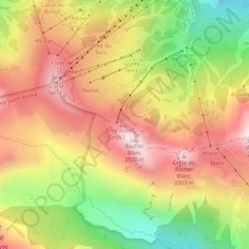 Via ferrata Rocher blanc facile topographic map, elevation, terrain