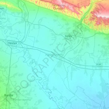 Agdash District topographic map, elevation, terrain