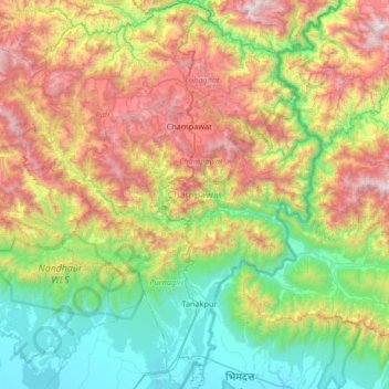 Champawat topographic map, elevation, terrain