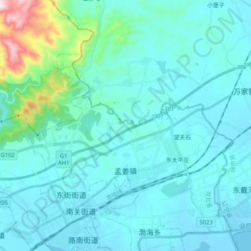 Mengjiang topographic map, elevation, terrain