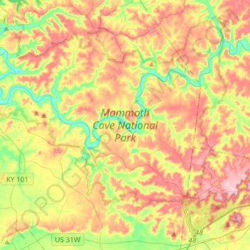 Parc national de Mammoth Cave topographic map, elevation, terrain