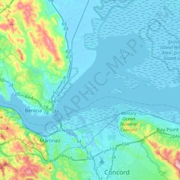 Suisun Bay topographic map, elevation, terrain