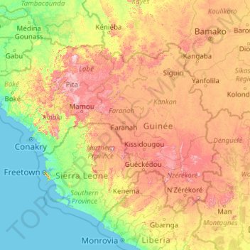 Guinée topographic map, elevation, terrain