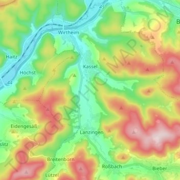 Kassel topographic map, elevation, terrain