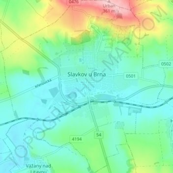 Slavkov u Brna topographic map, elevation, terrain