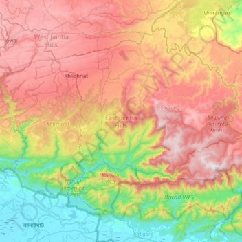East Jaintia Hills District topographic map, elevation, terrain