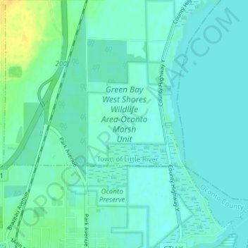 Green Bay West Shores Wildlife Area-Oconto Marsh Unit topographic map, elevation, terrain