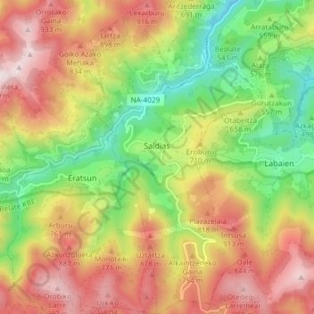 Saldias topographic map, elevation, terrain