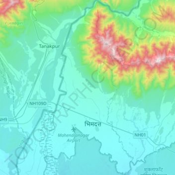 Bhimdatta topographic map, elevation, terrain