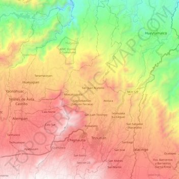 Teziutlán topographic map, elevation, terrain
