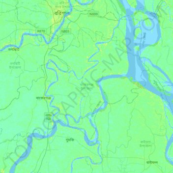 Bakerganj Subdistrict topographic map, elevation, terrain