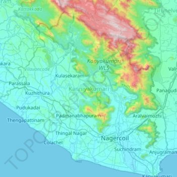 Kanyakumari district topographic map, elevation, terrain