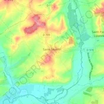 Saint-Séverin topographic map, elevation, terrain