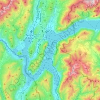Luganersee topographic map, elevation, terrain