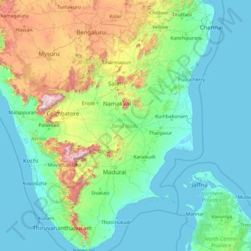 Tamil Nadu topographic map, elevation, terrain